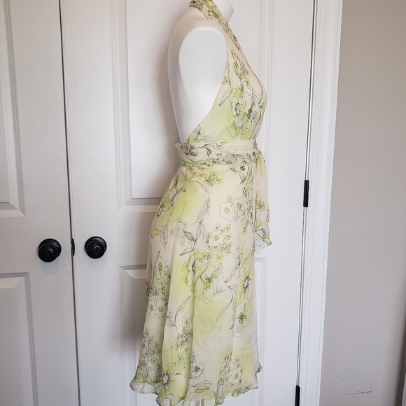David Meister Yellow Green Silk Floral Halter Ruffle 90s Y2K Dress 4 - Picture 6 of 12